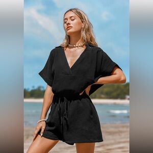 Cupshe V-Neck & Drawstring Romper Black Womens Size Large Beach Vacation Swim